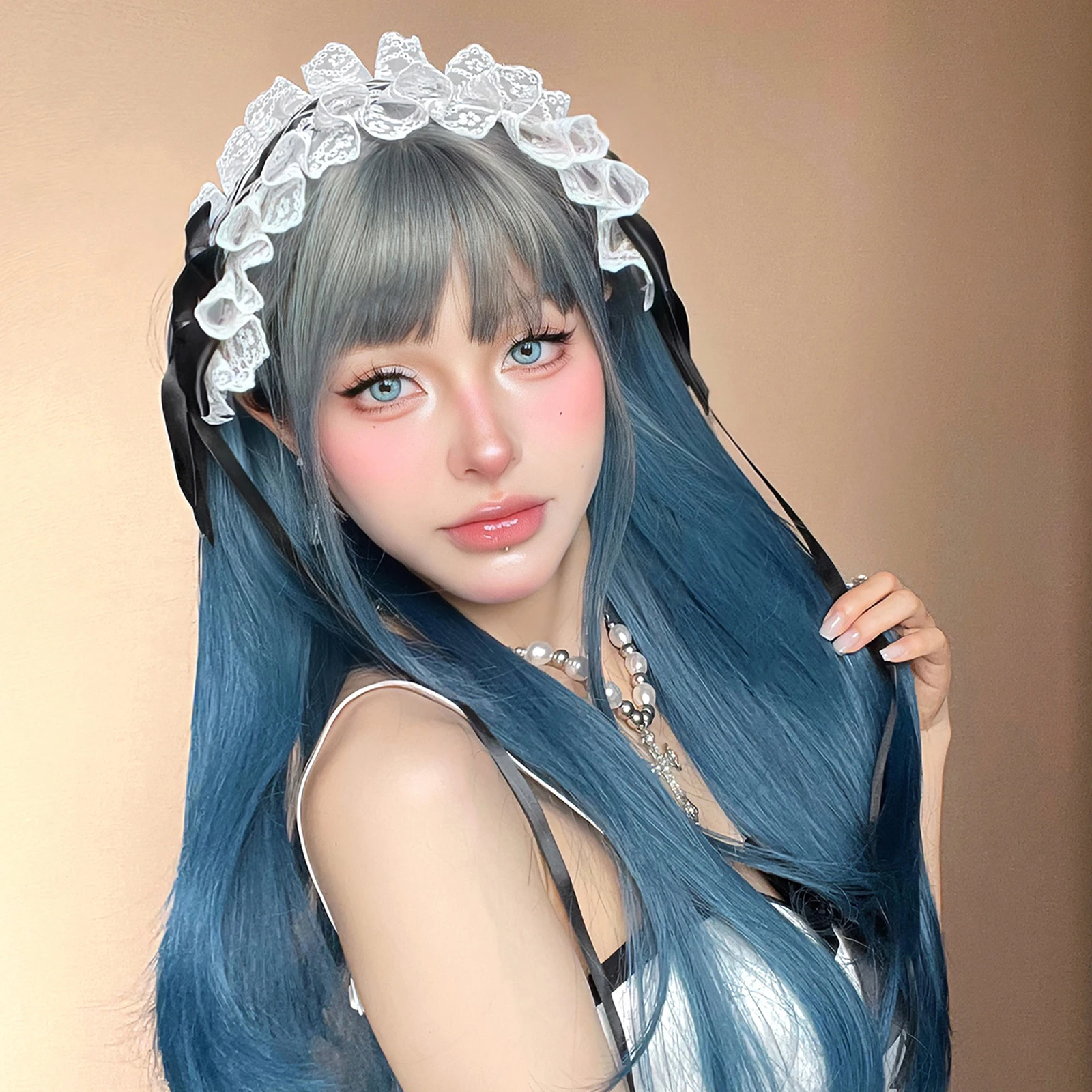 Halloween Synthetic Wig Female 26-inch Gray-blue Gradient Full Bangs Long Straight Hair Sweet Anime CosLolita Role-playing Wig