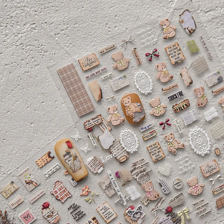 3D embossed nail art stickers ins stationery journal stickers cute bear newspaper scrap stickers custom made
