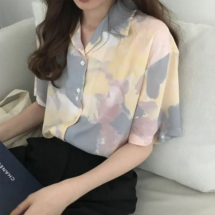 New American Retro Suit Collar Shirt Top Summer Hong Kong Style Chic Tie-dyed Short-sleeved Print