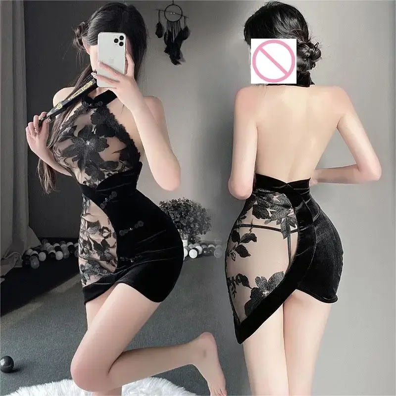 

Нижнее белье Onlyfans, традиционное китайское кружевное мини-платье Cheongsam, сексуальное женское белье, пижама с лямкой на шее и вышивкой, элегантная юбка Qipao xxx