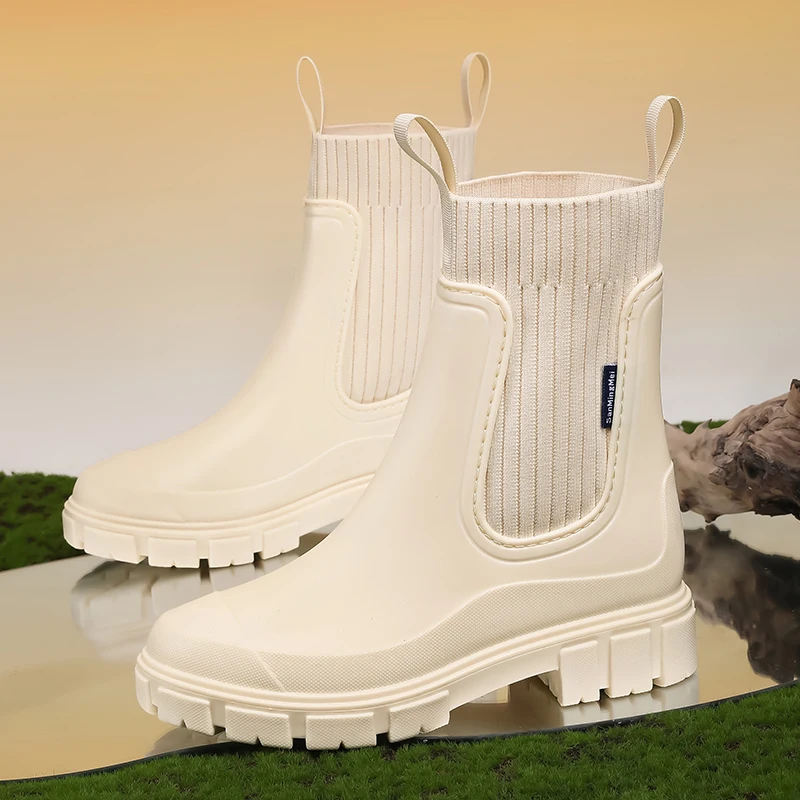

Women Fashion Chelsea Mid Calf Rain Shoes Elastic Rain Boots Anti-Slip Wear Resistant Waterproof Rubber Boots