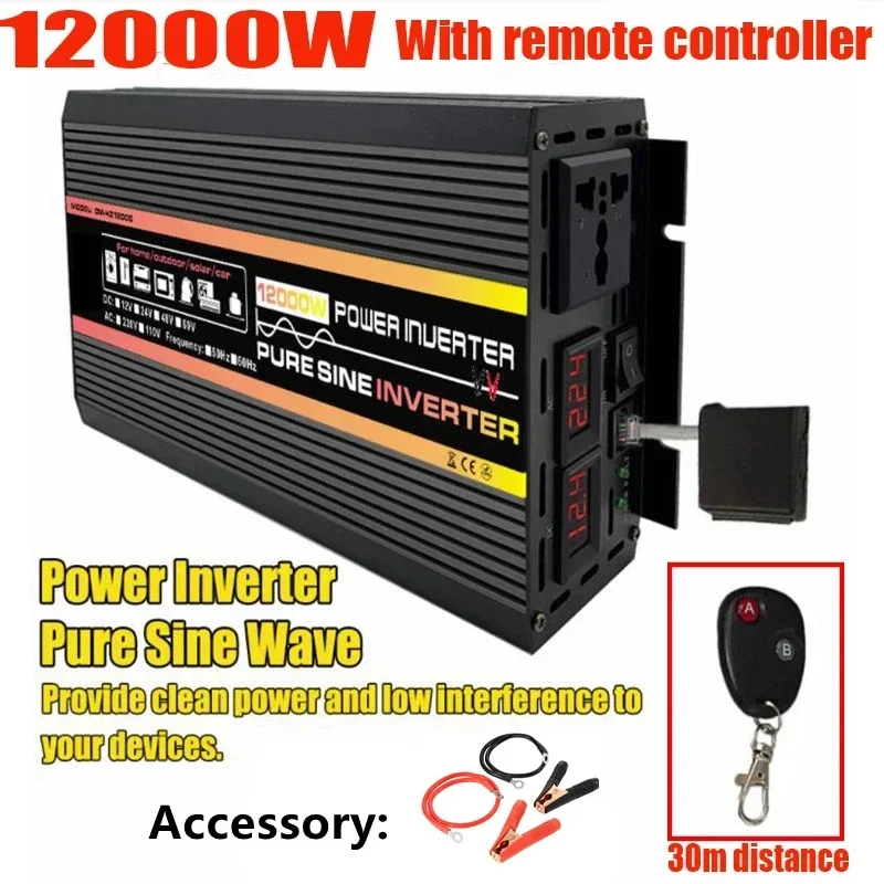 10000W LCD Display Power Inverter Pure Sine Wave Solar System AC 12V 24V To DC 220V Converter Outdoor RV Car Camping Inverter