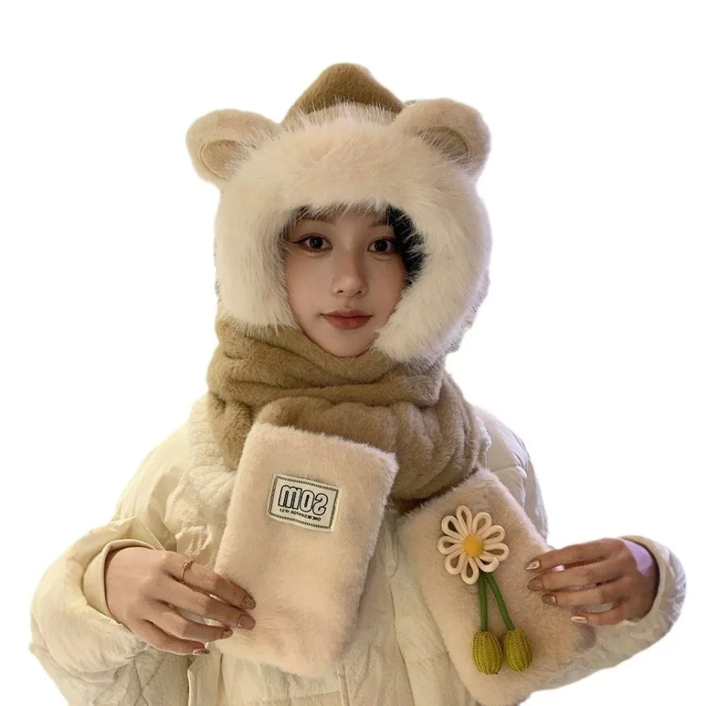 

Fashion Warm Women Hat With Scarf Coldproof Windproof Warm Ear Protect Cap Flower One-piece Hats Scarves Autumn Winter