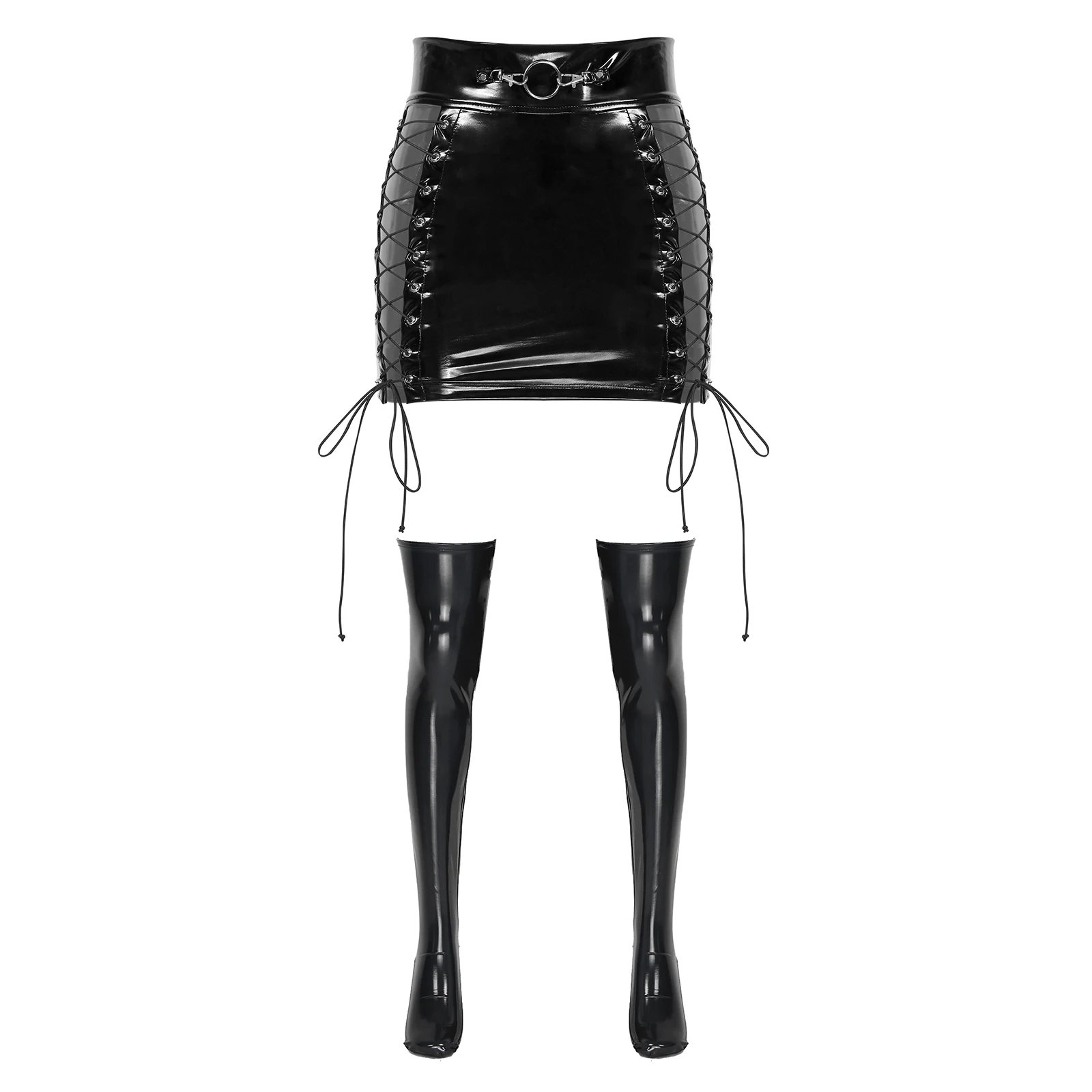 Hot Womens Fashion Hollow Out Lace-up Mini Skirt Latex Gothic Clubwear Wet Look Patent Leather Skirts Back Zipper Pencil Skirts