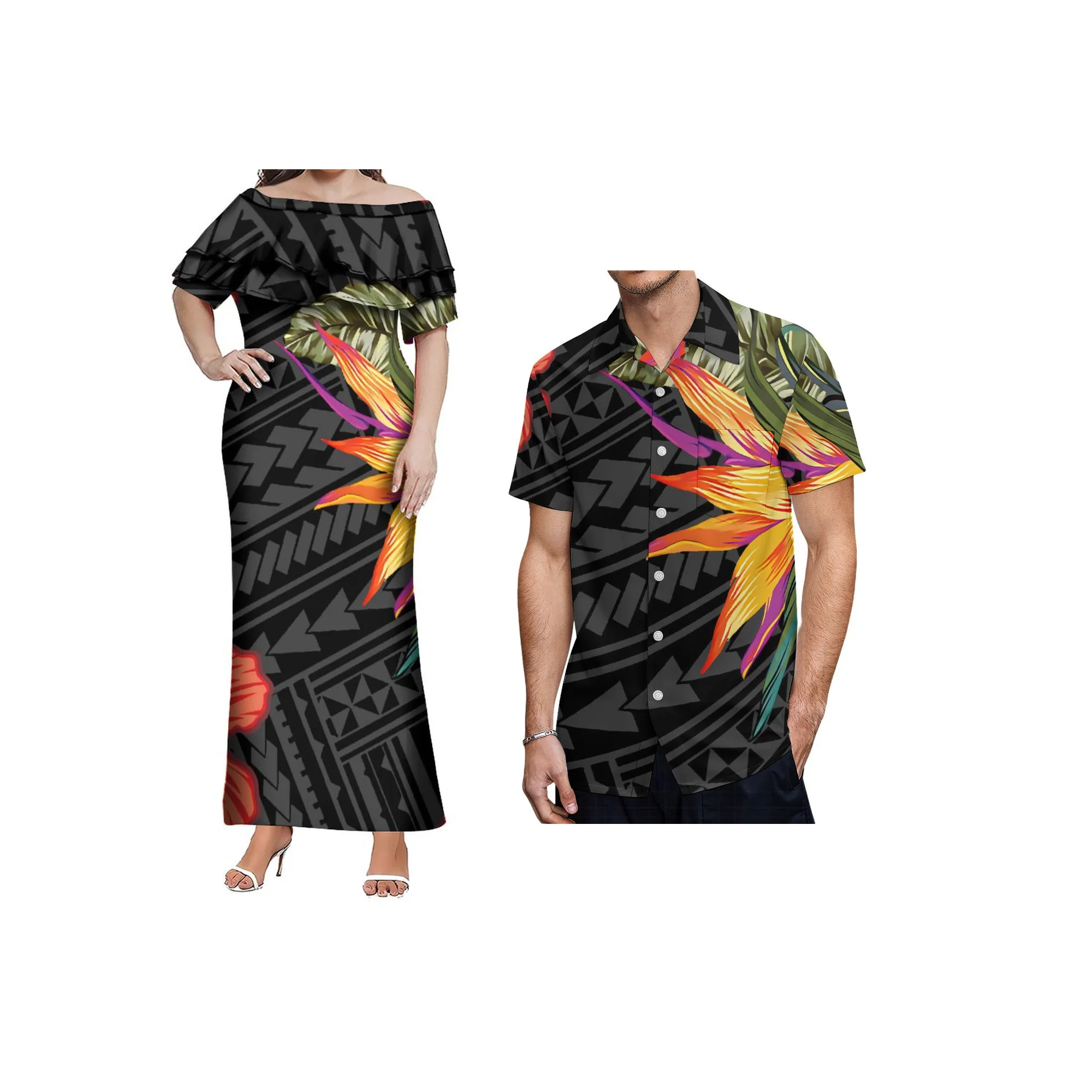 Personalizado plus size novo vestido polinésio senhoras dupla camada folho fora do ombro vestido samoan impressão design vestido de festa