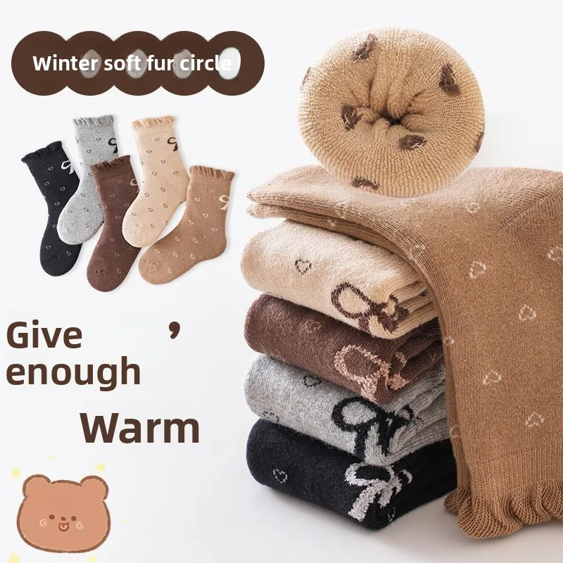 5 Pairs Kids Thick Terry Crew Socks Autumn Winter Mid Calf Princess Warm Cotton Socks for Baby Girls Children