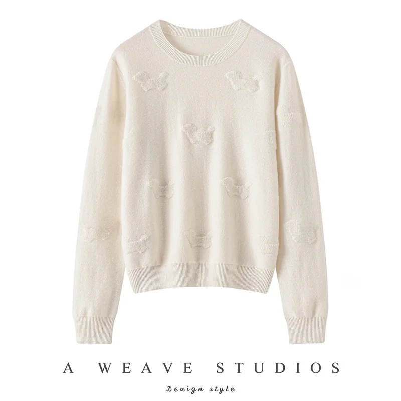 

Женский свитер из 100% чистого кашемира с круглым вырезом, вышивкой и махровой отделкой, теплый, для повседневной носки, стандартный крой, длинный рукав