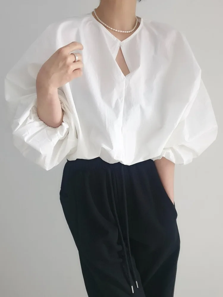 

Модная свободная женская блузка с рукавами-фонариками для защиты от солнца, универсальный белый топ, новинка весенней коллекции, шикарный дизайн