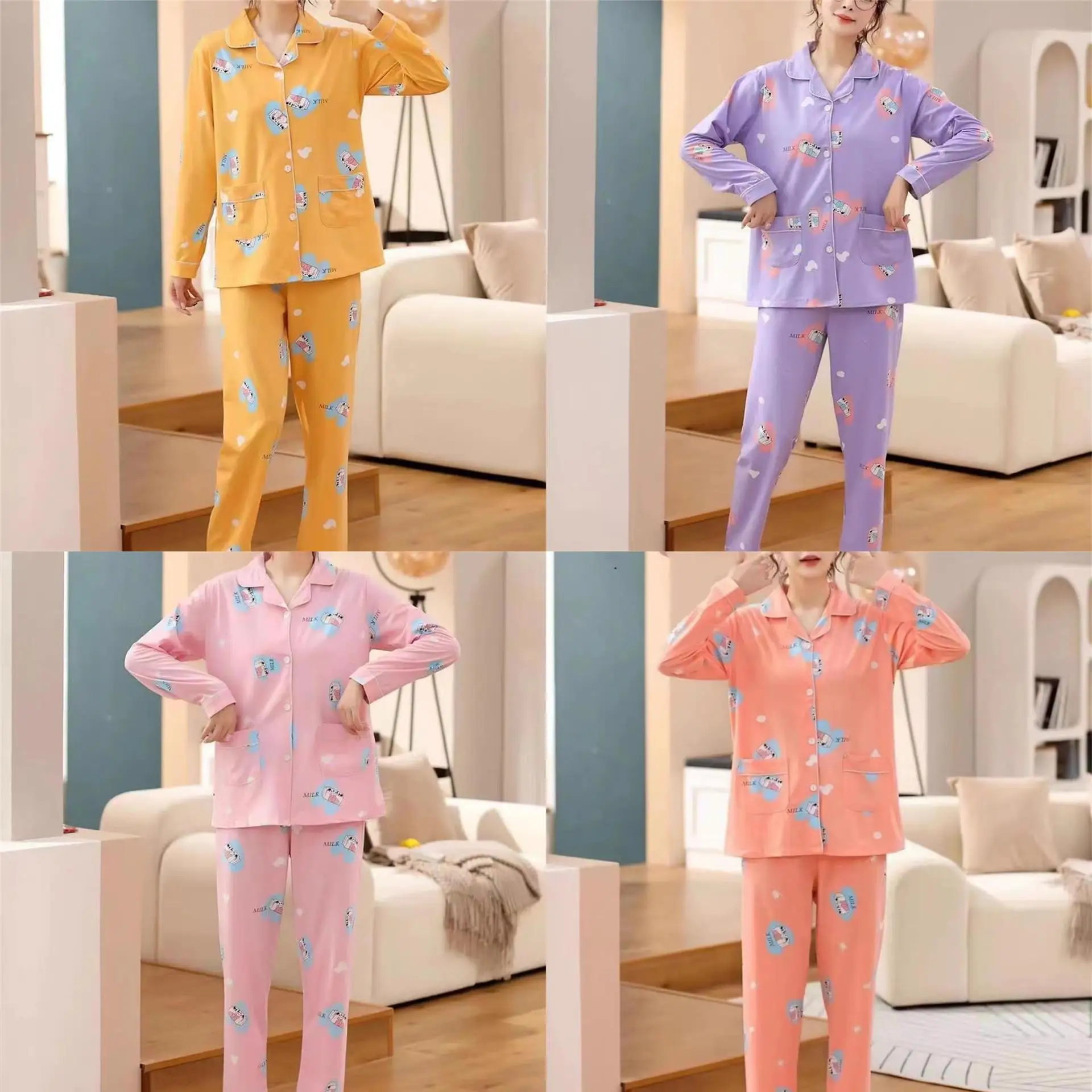 

Spring and Autumn New Women's Pajamas Homewear Suit Women's Autumn and Winter Long-Sleeved Loose Korean Pajamas Homewear Suit