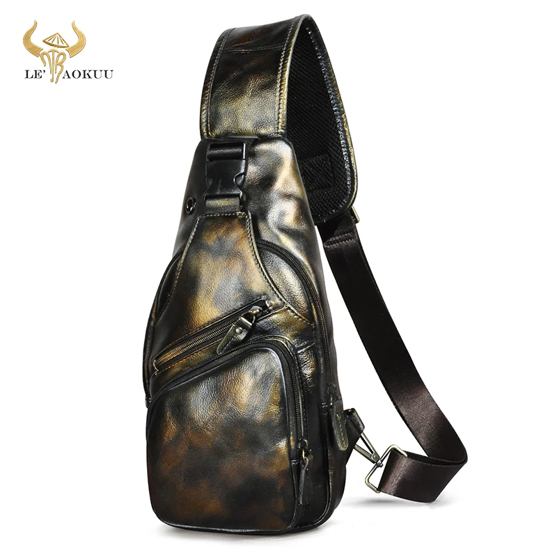 

Hot Sale Men Genuine Crazy horse Leather Fashion Crossbody Chest Sling Bag Design Travel One Shoulder Bag Daypack Male 8015