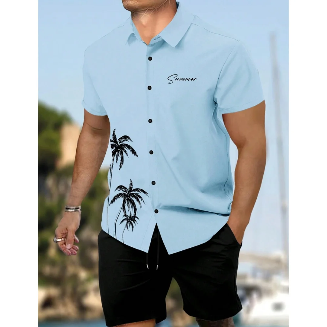 

Summer New Men's Short Sleeve Shirt Shorts 2 Piece Set Fashion Coconut Tree Printing Lapel Shirt Beach Drawstring Shorts Set top