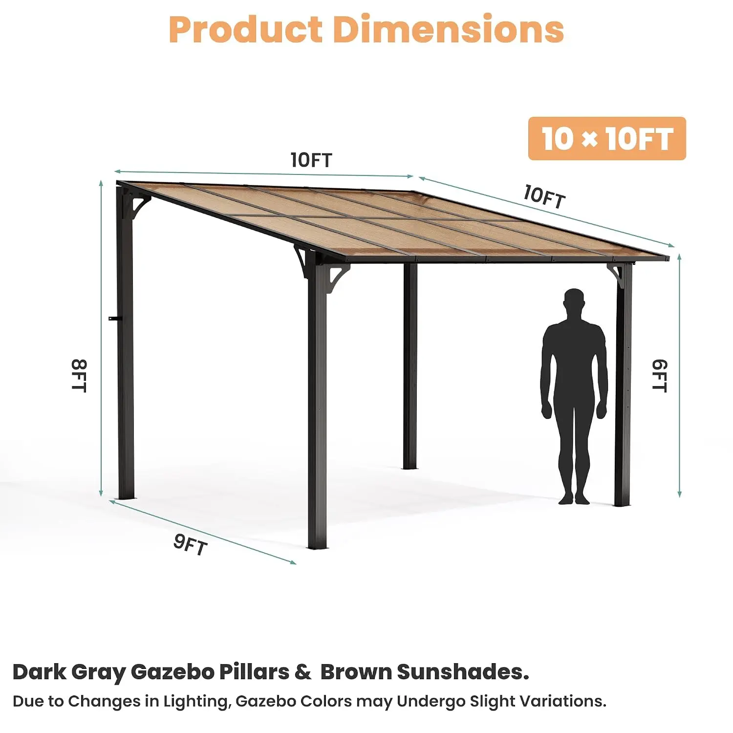 10x10FT Wall Mounted Gazebo, Hardtop Lean to Gazebo with Aluminum Frame & UV Resistant Polycarbonate Roof, Outdoor, Customized