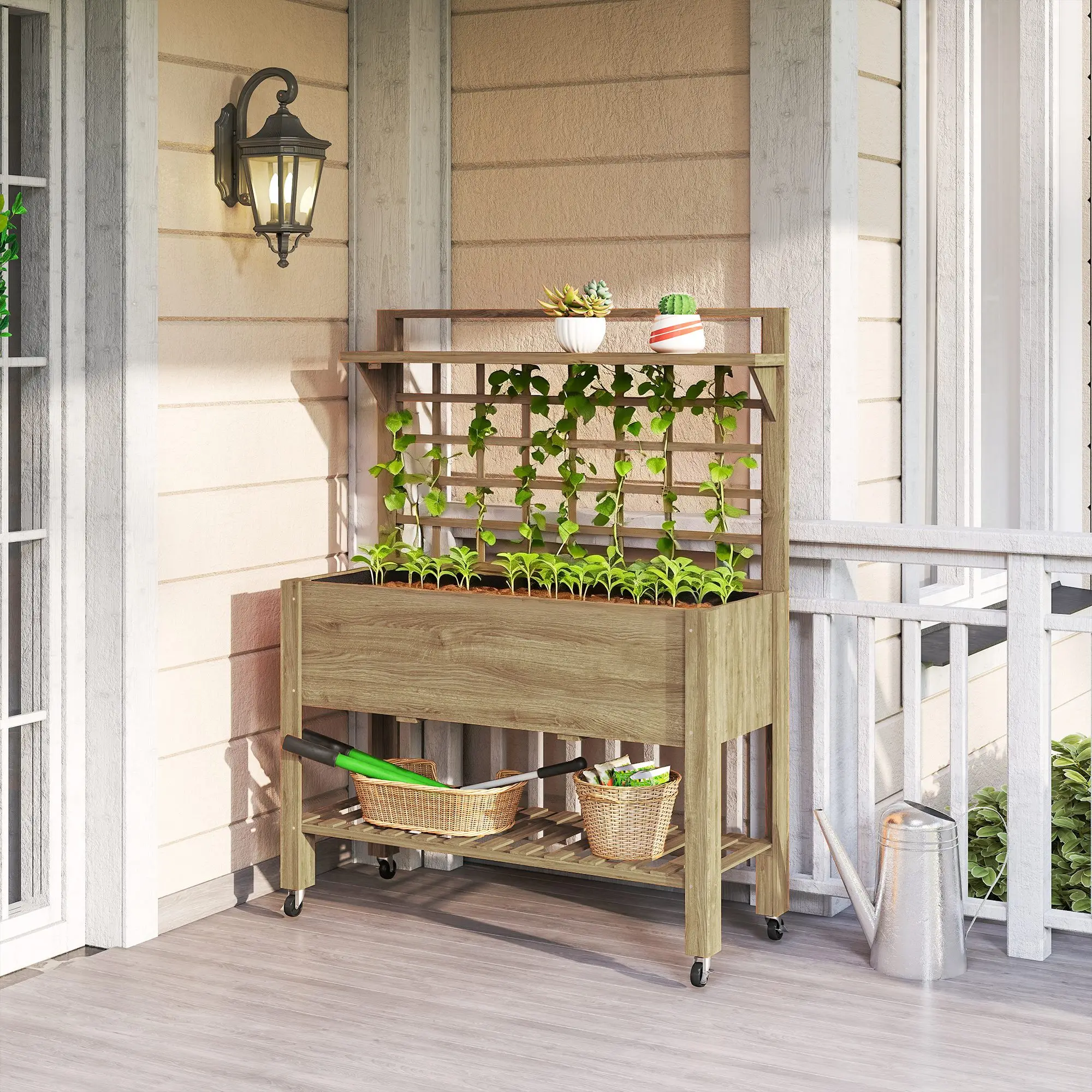 Outdoor Wooden Elevated Growing Plant Bed w/ Shelves for Tool Storage & Wheels