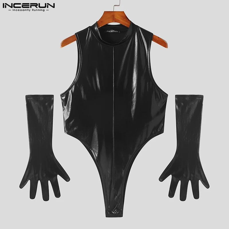 INCERUN 2024 Sexy Men\'s Homewear Jumpsuits Fashionable Flash Fabric Glove Design Rompers Casual Male Sleeveless Bodysuits S-5XL