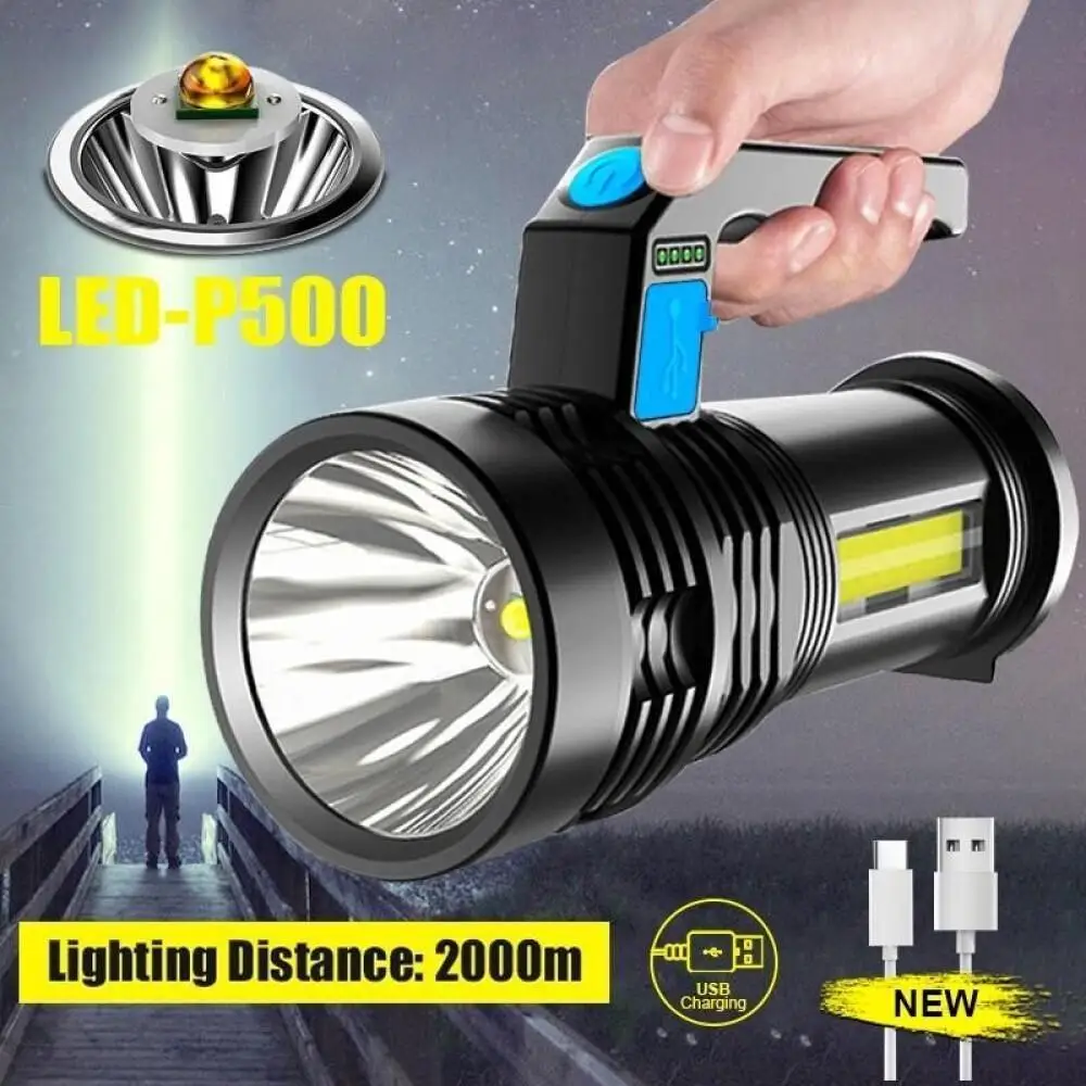 2km Long Distance Portable LED USB Rechargeable Flashlight with Torch Waterproof Fishing Hunting Camping LED Flashlight Lighting