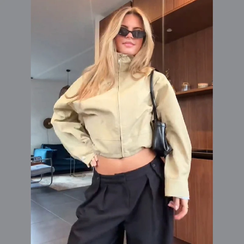 Women Cropped Zip Up Jacket Solid Colour Long Sleeve Loose Drop Shoulder Short Coat 2026 Casual Street Office Ladies Outerwear