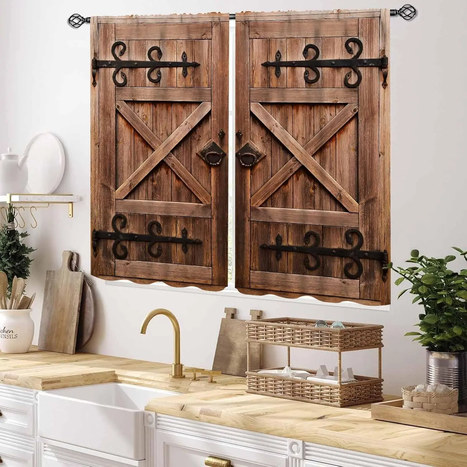 Wooden Barn Door Curtains, Rustic Brown Wood Board Farmhouse Country Cottage Western Barnwood Garage Gate Drapes Window 2 Panels