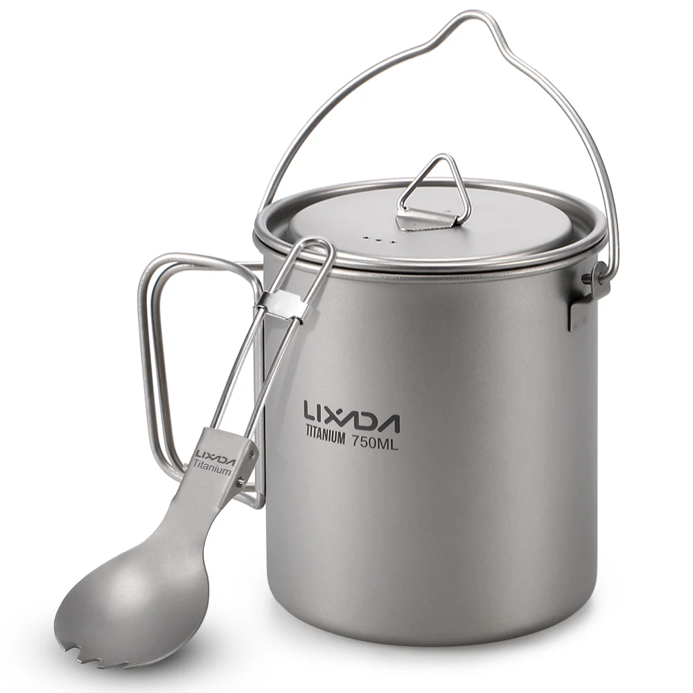 Lixada Camping Water Cup Titanium 750ml Pot or 350ml Water Cup Mug with Lid Collapsible Handle for Outdoor Camping Tableware