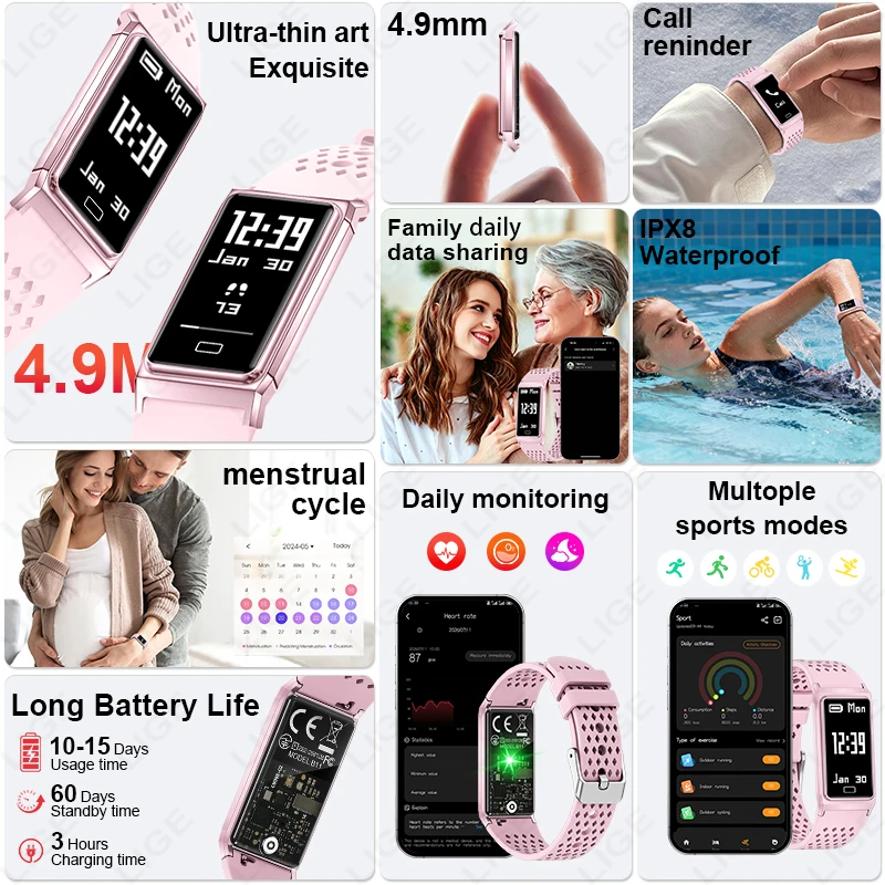 Women Smart Bracelet 4.9mm Ultra-thin Body IPX8 Waterproof Fitness Band Heart Rate Sleep Tracking Call Reminder Smart Watch Men