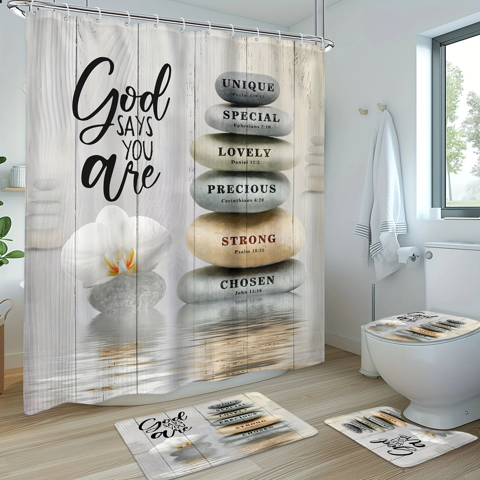 

4pcs Waterproof Shower Curtain Set, Zen Bible Verse Asian Lotus Art with Non-slip Bathroom Mat, Toilet U-shaped Mat, Cover Mat