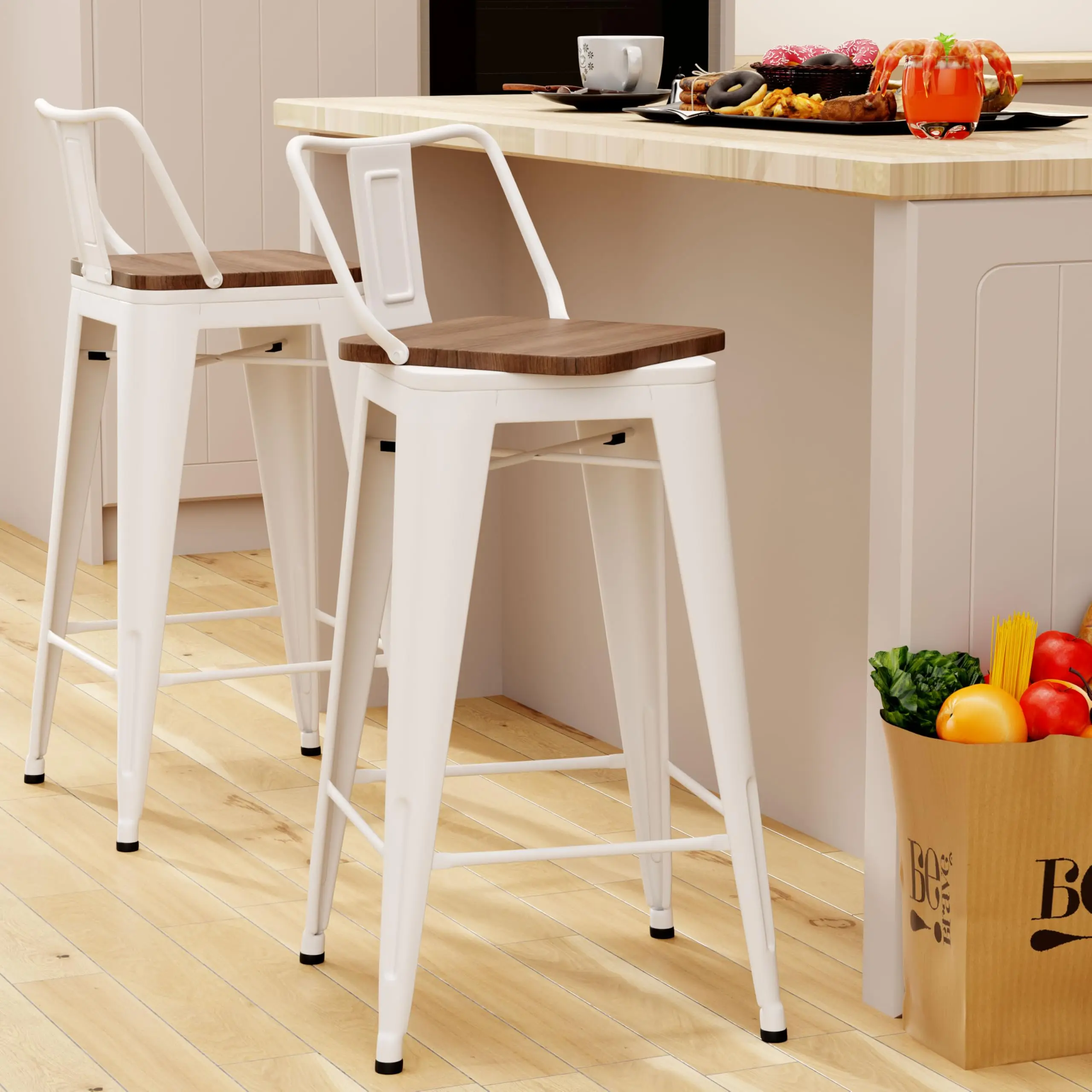 

White Industrial Bar Stools With Wooden Seat And Back, 30 Inch Counter Height, Set Of Four