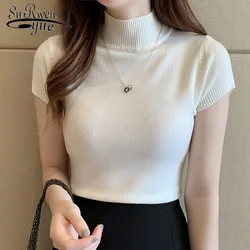 Casual Women Clothing Korean Short Sleeve Knitted Top Blusas Mujer De Moda Spring Summer Solid Slim Turtleneck White Blouse 8622