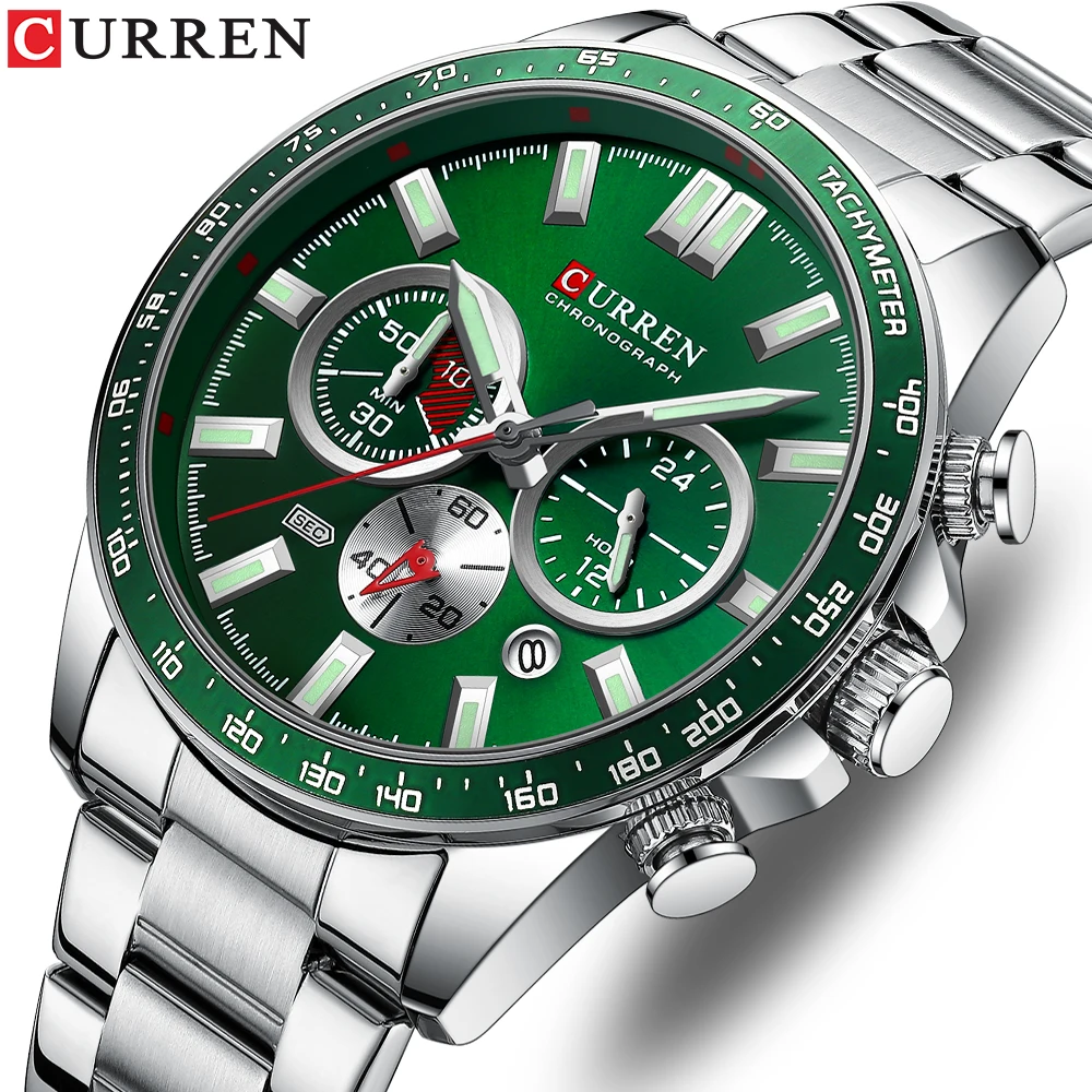 CURREN  New Stainless Steel Quartz Wristwatches for Men Sports Chronograph Watches with Luminous Hands