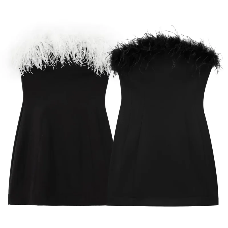 TRAF Feather Corset Dresses 2024 Women Dresses Mini Off Shoulder Short Dresses Sexy Elegant Party Dress Backless Black Vestidos