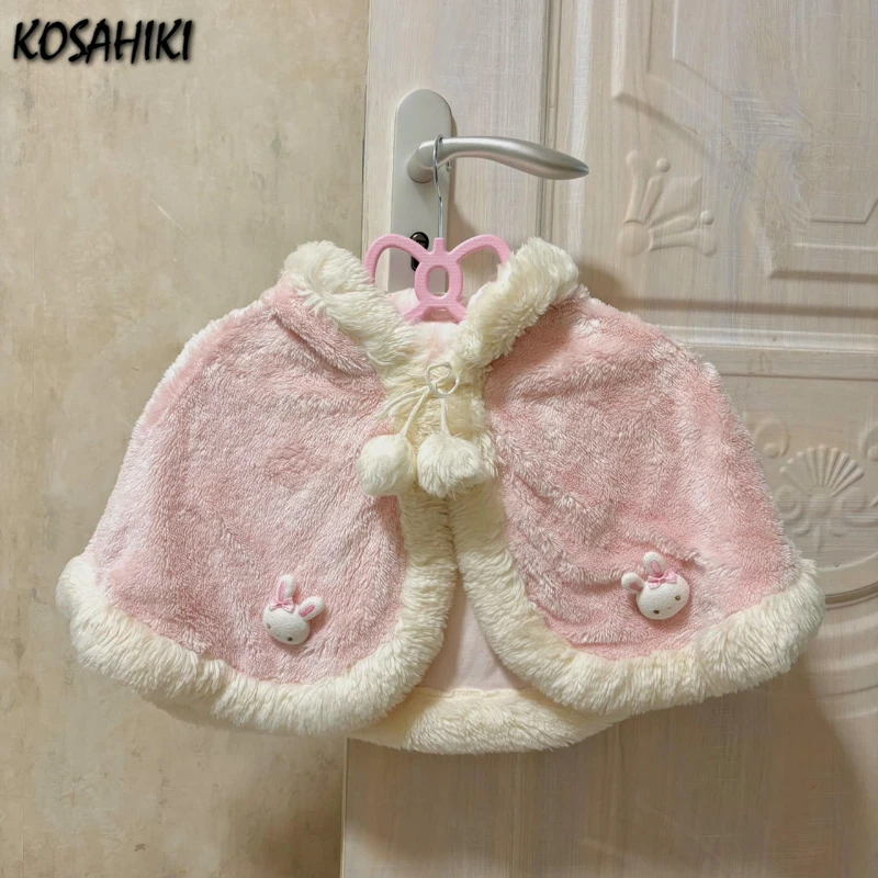 Japanese Sweet Girl Patchwork Grunge Cloak Jackets Women Y2k Aesthetic Bandage Vintage Hooded Coats Cropped Kawaii Rabbit Jacket