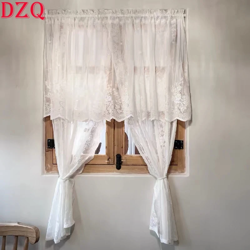 

Korean Elegant Solid Color Lace Door Curtain for Kitchen Middle Separated Floral Yarn Curtains With Valance for Living Room A365
