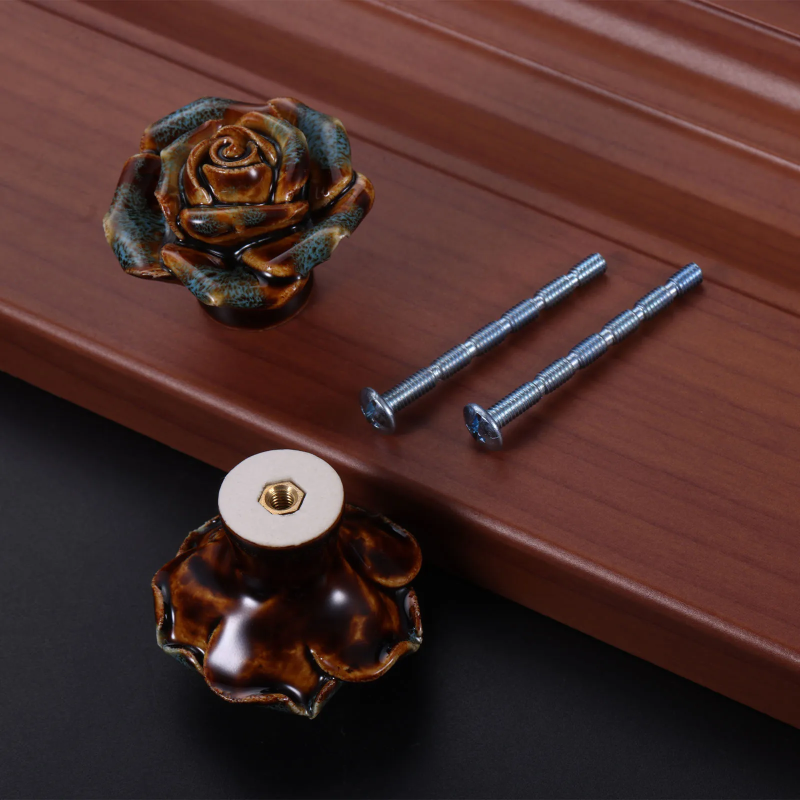 Ceramic Rose Handle w/screw Single Hole Flower Knob Glazed Leopard Pattern Pull Decor Cabinet Drawer Furniture Doors 40mm 1.4\