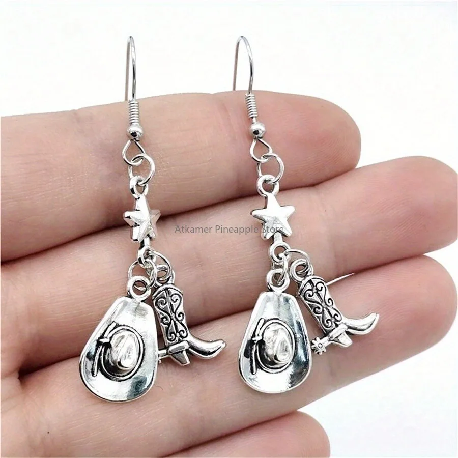 Джинсовые-сапоги-Ковбойская-шляпа-Серьги-Ковбойские-серьги-в-стиле-вестерн-Модная-индивидуальность-нишевый-дизайн-креативные-серьги-для-девочек