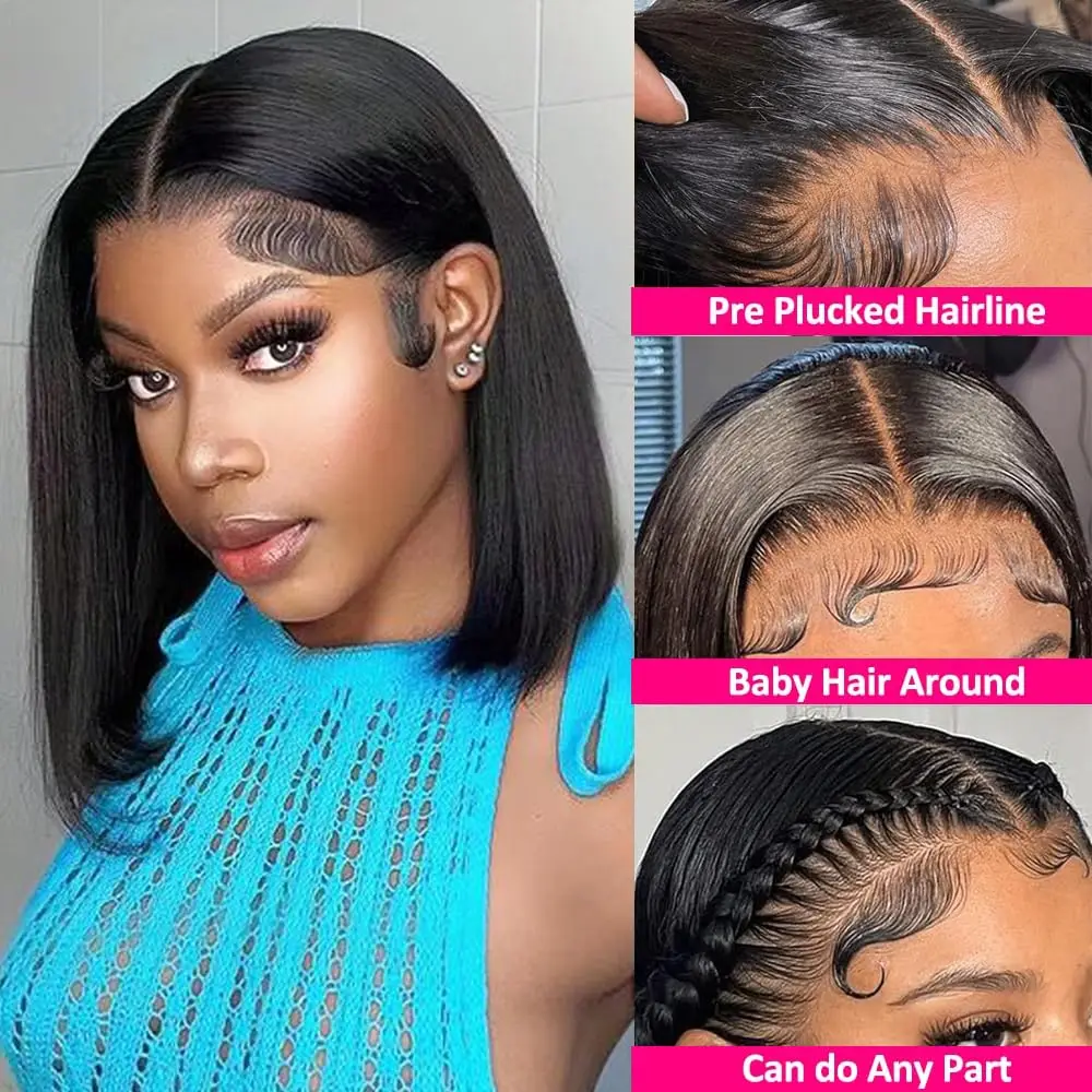 Wig Rambut Manusia Renda Depan HD 13X4 Wig Bob Pendek Lurus Rambut Manusia 14 Inci Wig Bob Tanpa Lem Pra Pencabutan untuk Wanita Kulit Hitam