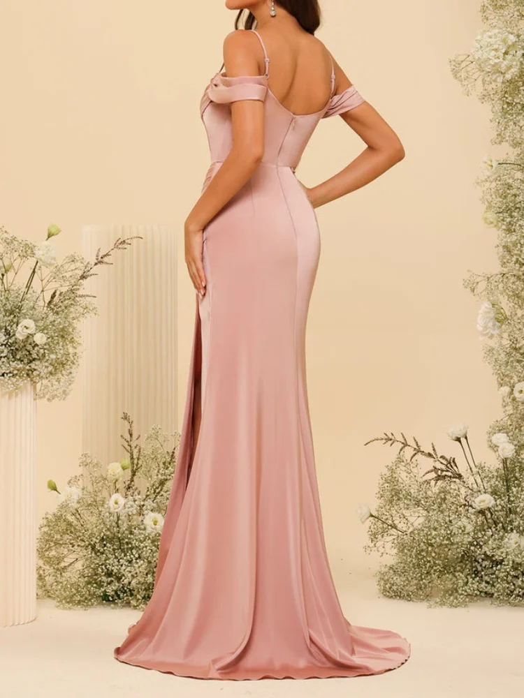 Satin Spaghetti Straps Long Bridesmaid Dresses Off-The-Shoulder Split Side & Ruched Evening Gowns Elegant Backless Party Dress