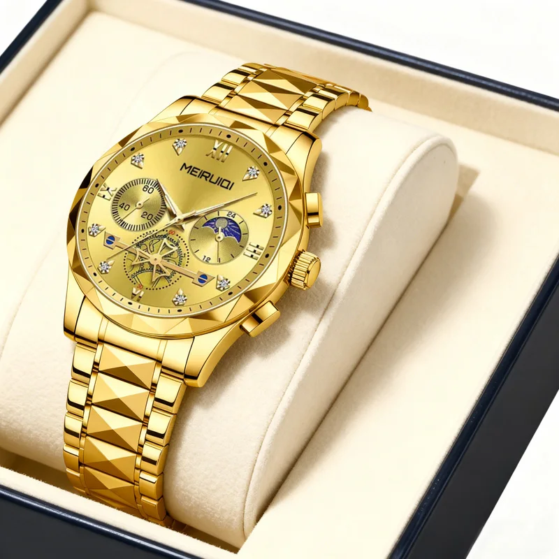 

Мужские желтые кварцевые часы в деловом стиле с указателем фаз луны, многофункциональные, высокого качества.