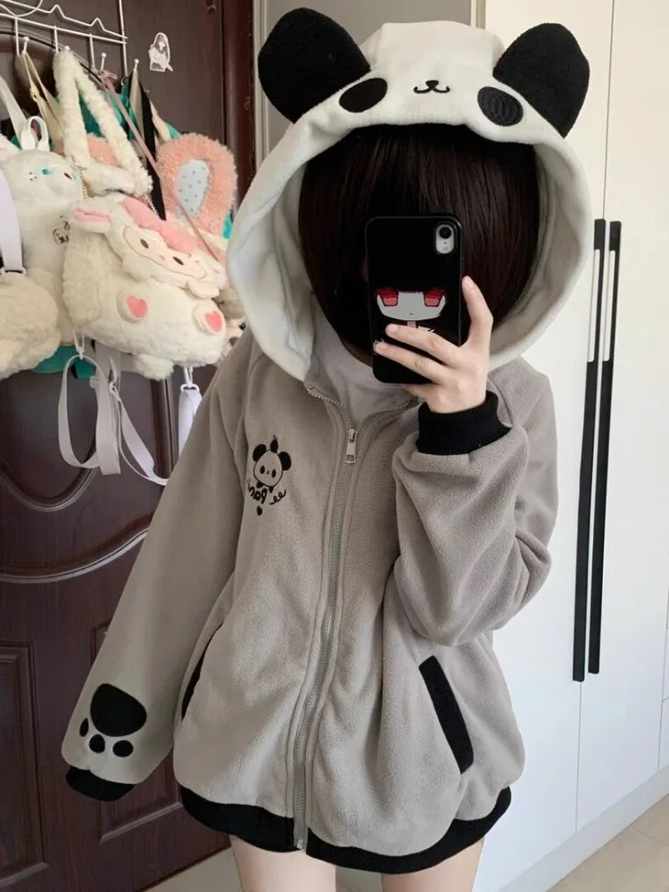 Cartoon Panda Embroidery Polar Fleece Hoodies Jackets Women Casual Loose Zipper Sweatshirts Y2k Aesthetic Japanese Grunge Tops