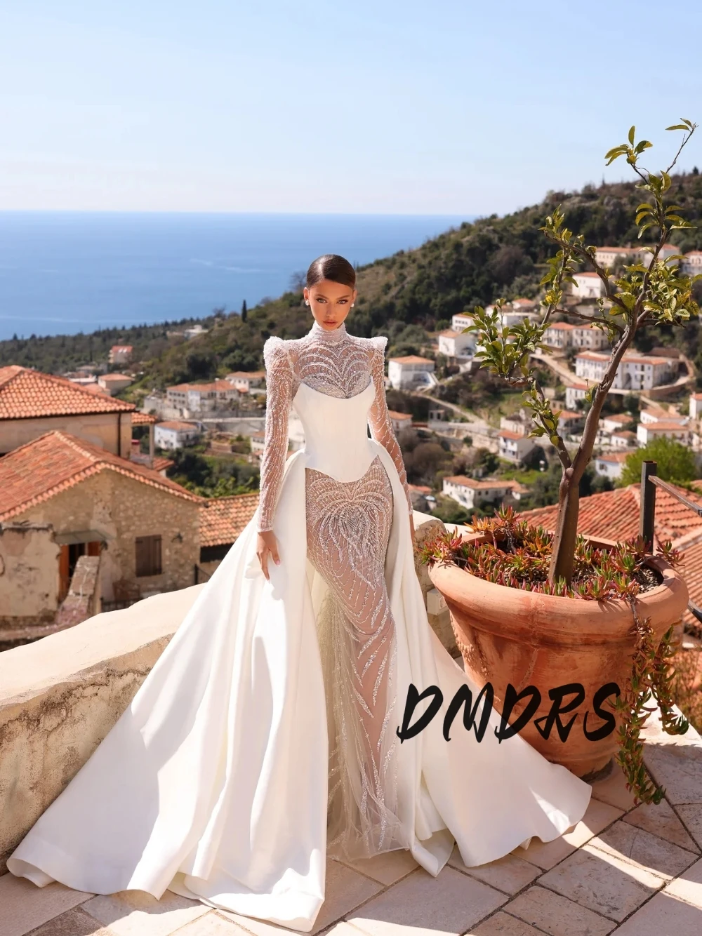 

Chic Removable Overtrain With Corset Classy Wedding Dress Dazzling Beads Illusion Customized High Neck Bridal Gown New Arrival