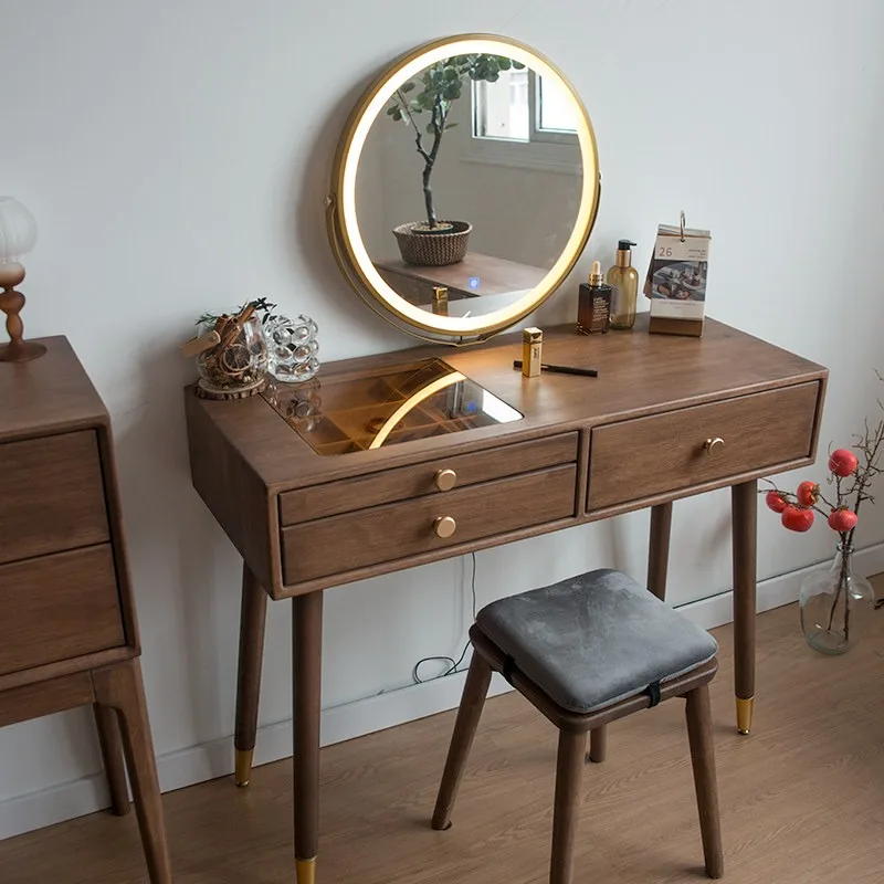 Nordic Solid Wood Vanity Table, Bedroom Small Apartment, Walnut-Colored Dressing Table, Modern Minimalist Vanity Vanity, Interne
