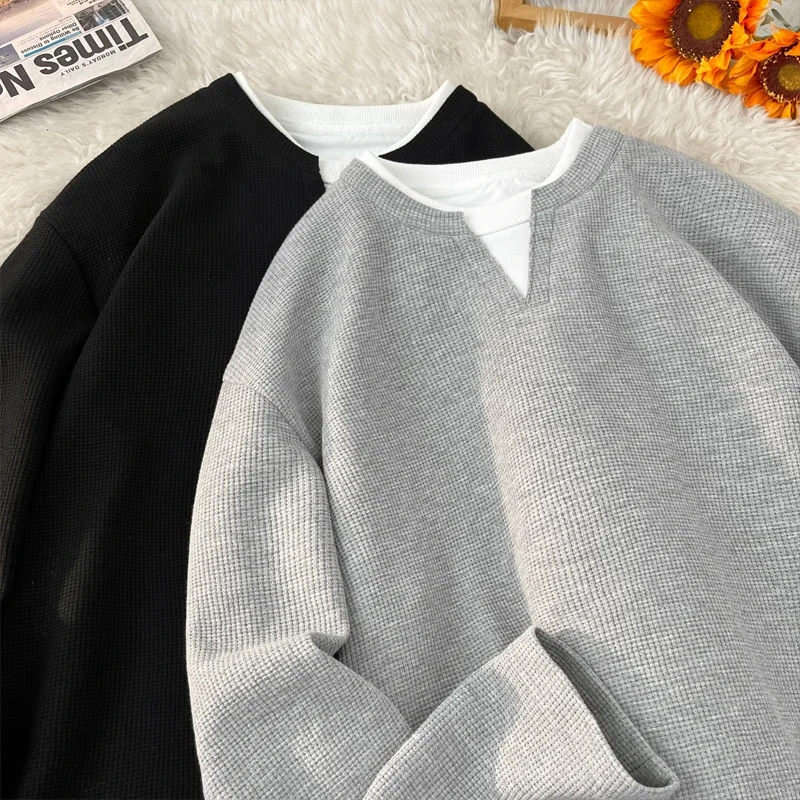 Autumn Male Waffle Texture Long Sleeve Top Mock Layer Hem Design V Notch Neck Urban Travel Commute Fashion Garment image 3