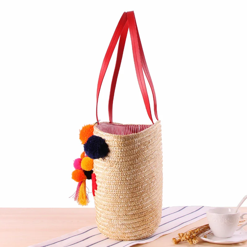 Women Summer Beach Bag With Hairball Tassel Lady Large Tote Letter Messager Bag Girl Hoilday Rattan Handbag C97