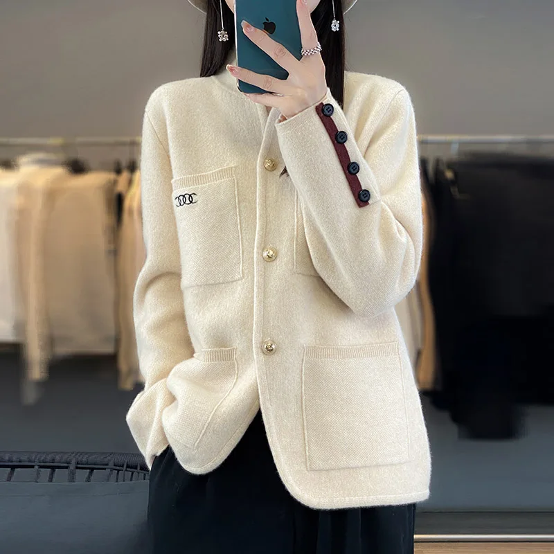 Women Clothing 100 Wool Cardigan, Thick Soft, Pockets, Chic Button Knitted Sweater Coats, Casual Loose Fashion Knitwear,Winter