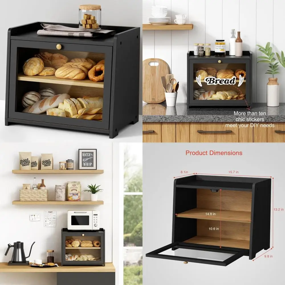 صندوق خبز كبير للمطبخ، حاوية تخزين خبز على الطراز الخشبي الريفي للأطراف المنزلية، منظم خبز على سطح الطاولة