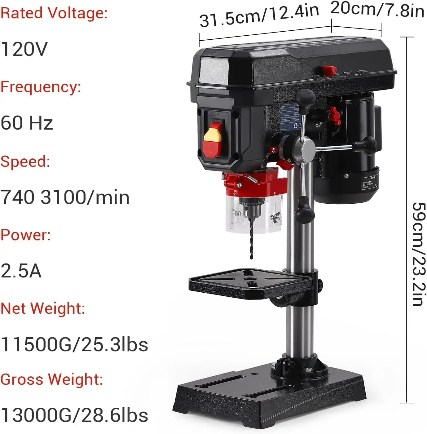 8-Inch 5-Speed Benchtop Drill Press Drilling Machine with Laser Guide LED Work Light 0-45° Tilting Worktable & Depth Stop 2.3-Amp Induction Motor for Wood Metal