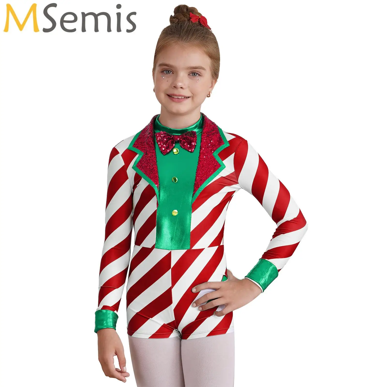 

Christmas Candy Cane Costume Kid Girls Mrs Santa Dress Up One Piece Unitard Ballet Gymnastic Ballroom Dancewear Striped Jumpsuit