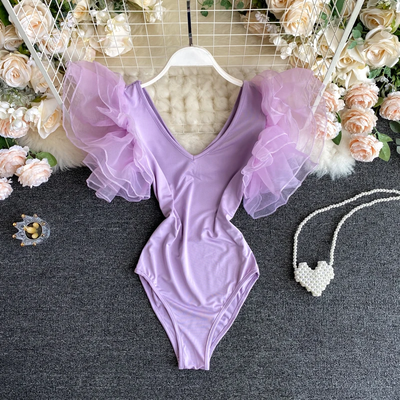 Sexy  Bodysuit  Fashion Flying sleeve V-neck One Piece Basic Hotsweet Women Gothic Slim Streetwear summer Jumpsuit Ins