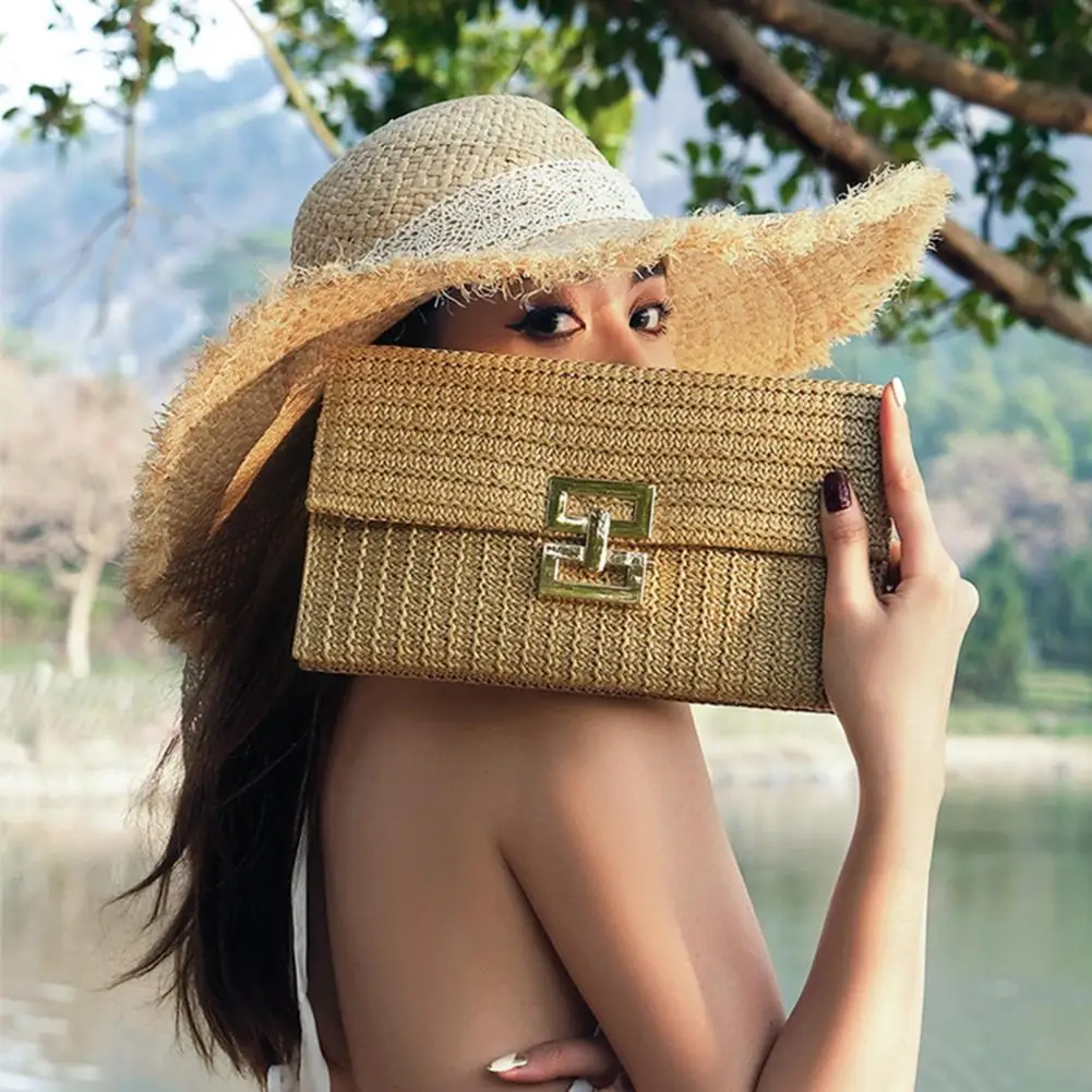 Women Clutch Bag Bohemian Rattan Envelope Clutch Bag Double-layer Straw Woven Handbag Summer Beach Vacation Handbag bolsa