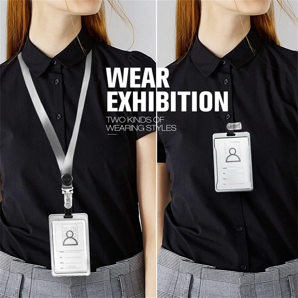 Id ผู้ถือบัตร Lanyard ผู้ถือป้ายชื่อ Identification Sleeve Dual Clear นิทรรศการธุรกิจสํานักงานโรงเรียนสายคล้องคอแขวนโลหะ