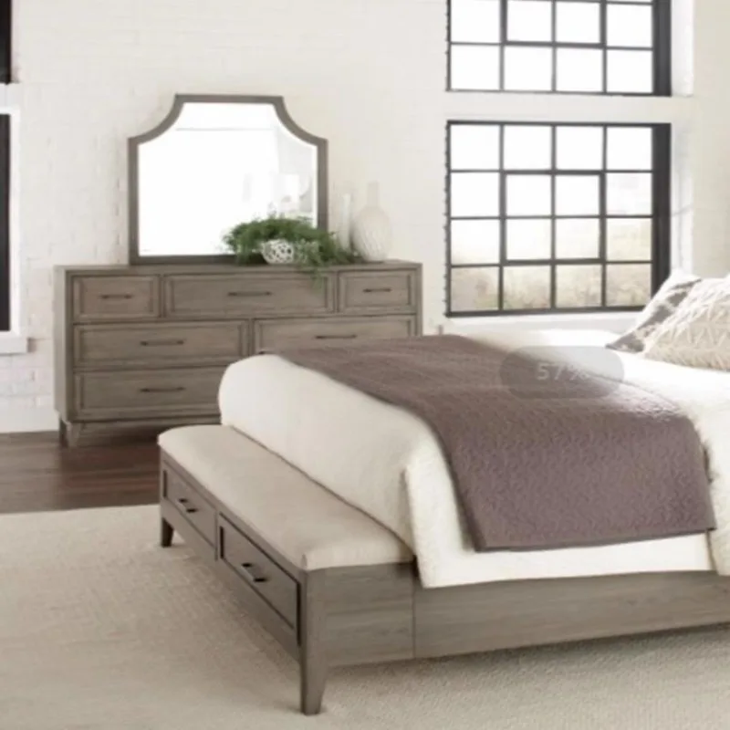 سرير زفاف مزدوج لغرفة النوم الرئيسية الفرنسية القديمة، سرير من خشب الرماد الأمريكي بطول 1.51.8 متر، سرير فيلا من الخشب الصلب القديم #4