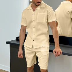 Ensemble cardigan et short 2 pièces pour homme, t-shirt à manches courtes, bouton à revers, vêtements de fête décontractés, document solide imbibé, été, nouveau