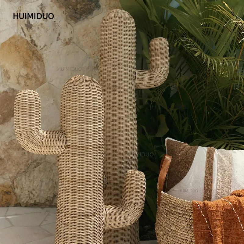 Handmade Rattan Cactus Shape Floor Ornament Living Room Study Home Creative Decoration Photography Props